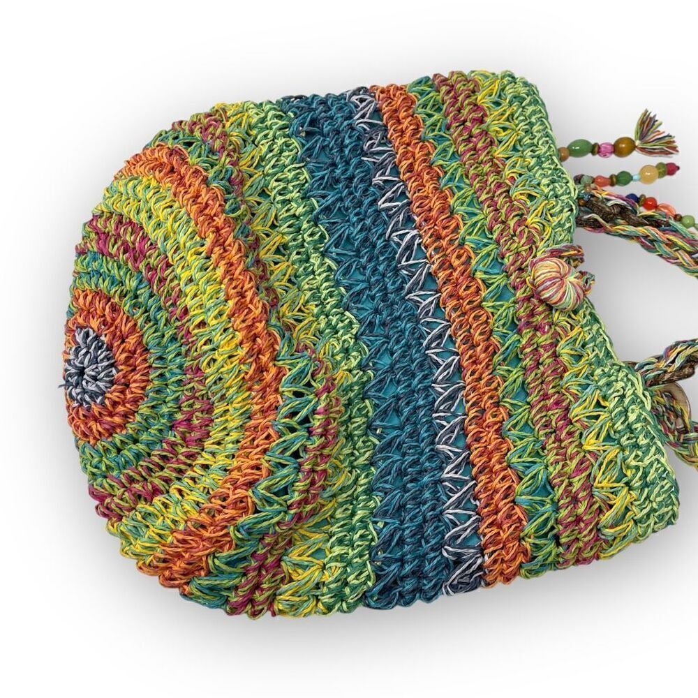 Cappelli Straworld Inc Rainbow Multicolored Boho Straw Woven Shoulder Bag Purse - Picture 6 of 12